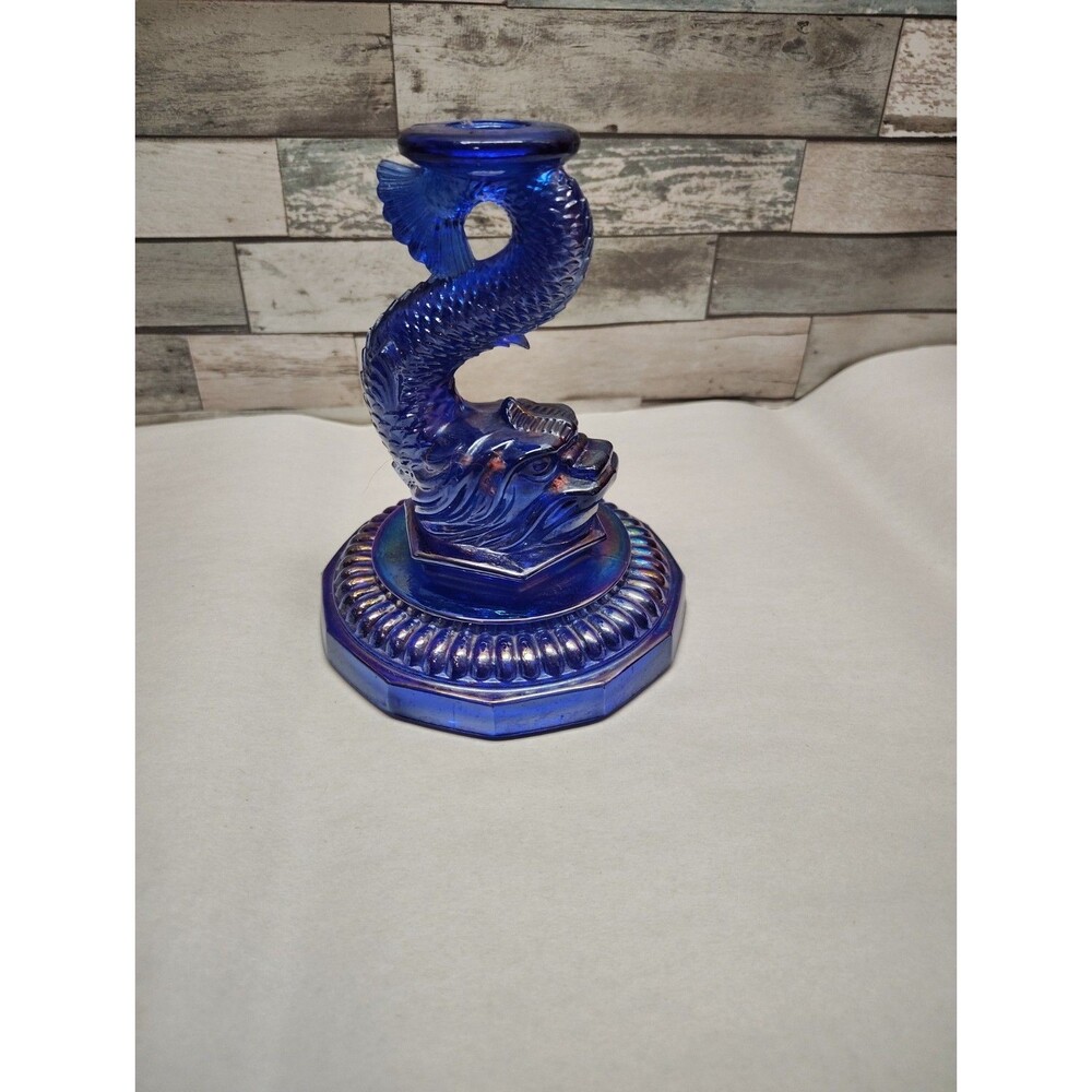 Vtg Portieux Vallerysthal Carnival Blue Dolphin Koi Fish Candle Holder Mosser?